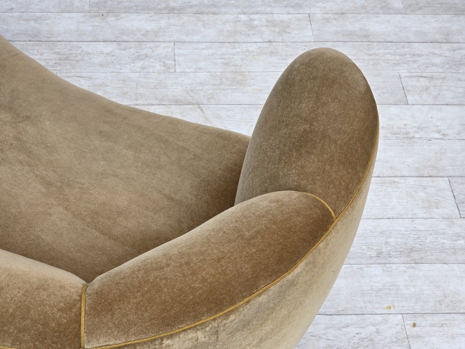 2100.0 1960s, Danish "Banana" 2 Seater Sofa, Green Furniture Velour, Oak Wood. photo