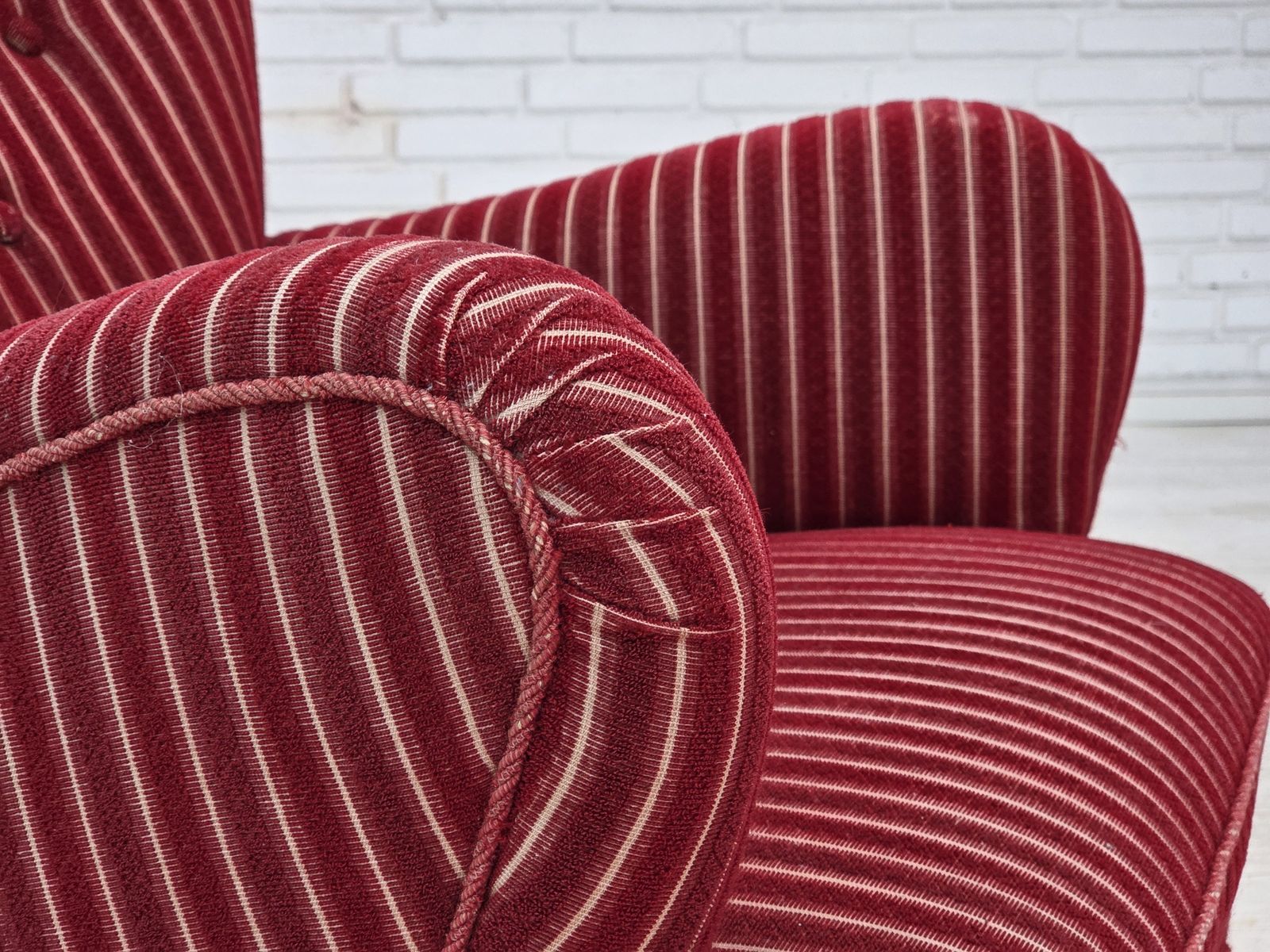 1960s, Danish Armchair, Red Striped Furniture Wool, Oak Wood Legs. photo for sale