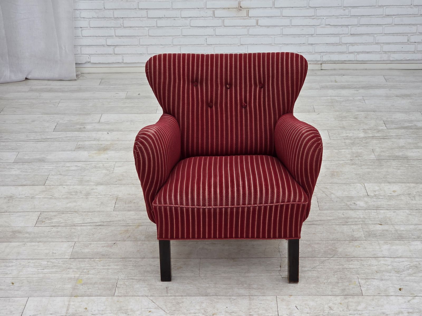 1960s, Danish Armchair, Red Striped Furniture Wool, Oak Wood Legs. photo vinterior