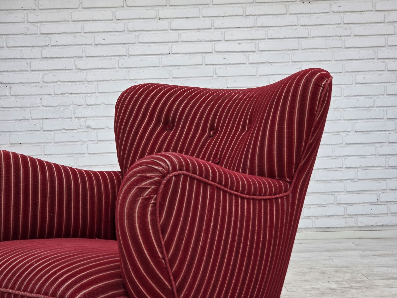 photo buy 1960s, Danish Armchair, Red Striped Furniture Wool, Oak Wood Legs.