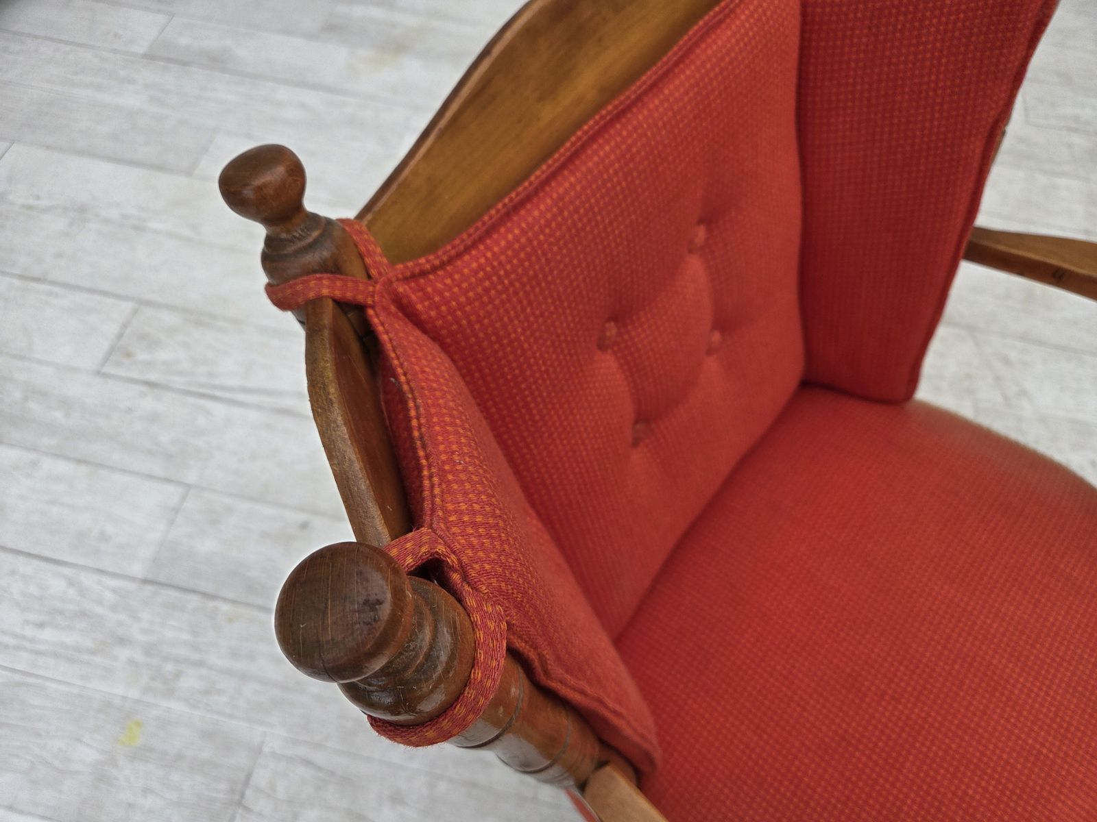 photo buy 1960s, Scandinavian Armchair, Red Furniture Wool, Beech Wood.