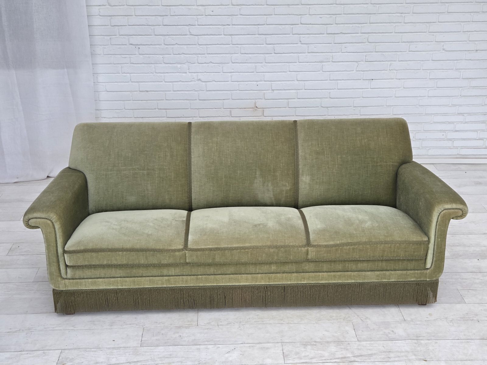 1970s, Danish 3 Seater Sofa, Green Furniture Velour, Beech Wood. photo furniture