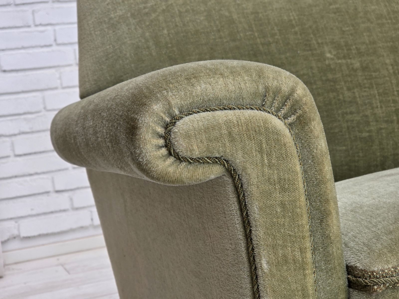 1970s, Danish 3 Seater Sofa, Green Furniture Velour, Beech Wood. photo for sale