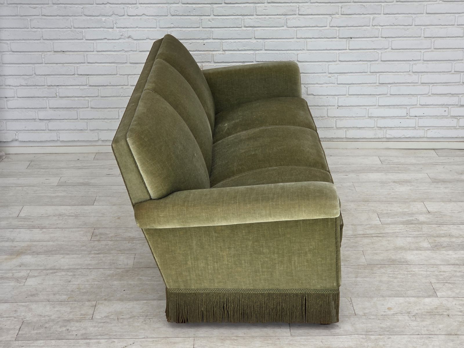1970s, Danish 3 Seater Sofa, Green Furniture Velour, Beech Wood. photo vintage