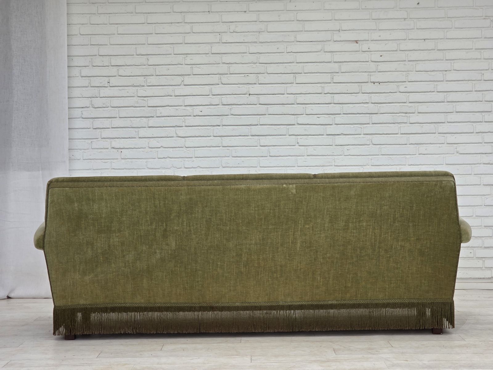 Furniture 1970s, Danish 3 Seater Sofa, Green Furniture Velour, Beech Wood. photo