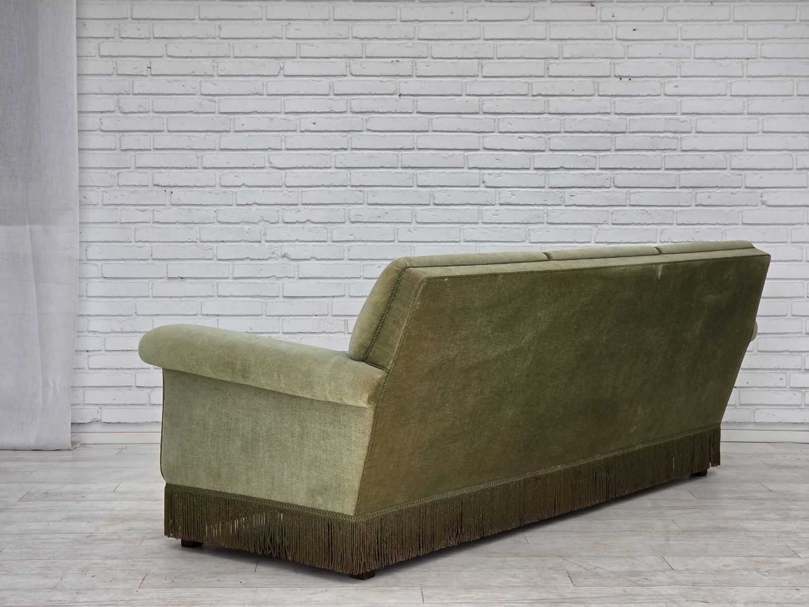 1790.0 1970s, Danish 3 Seater Sofa, Green Furniture Velour, Beech Wood. photo