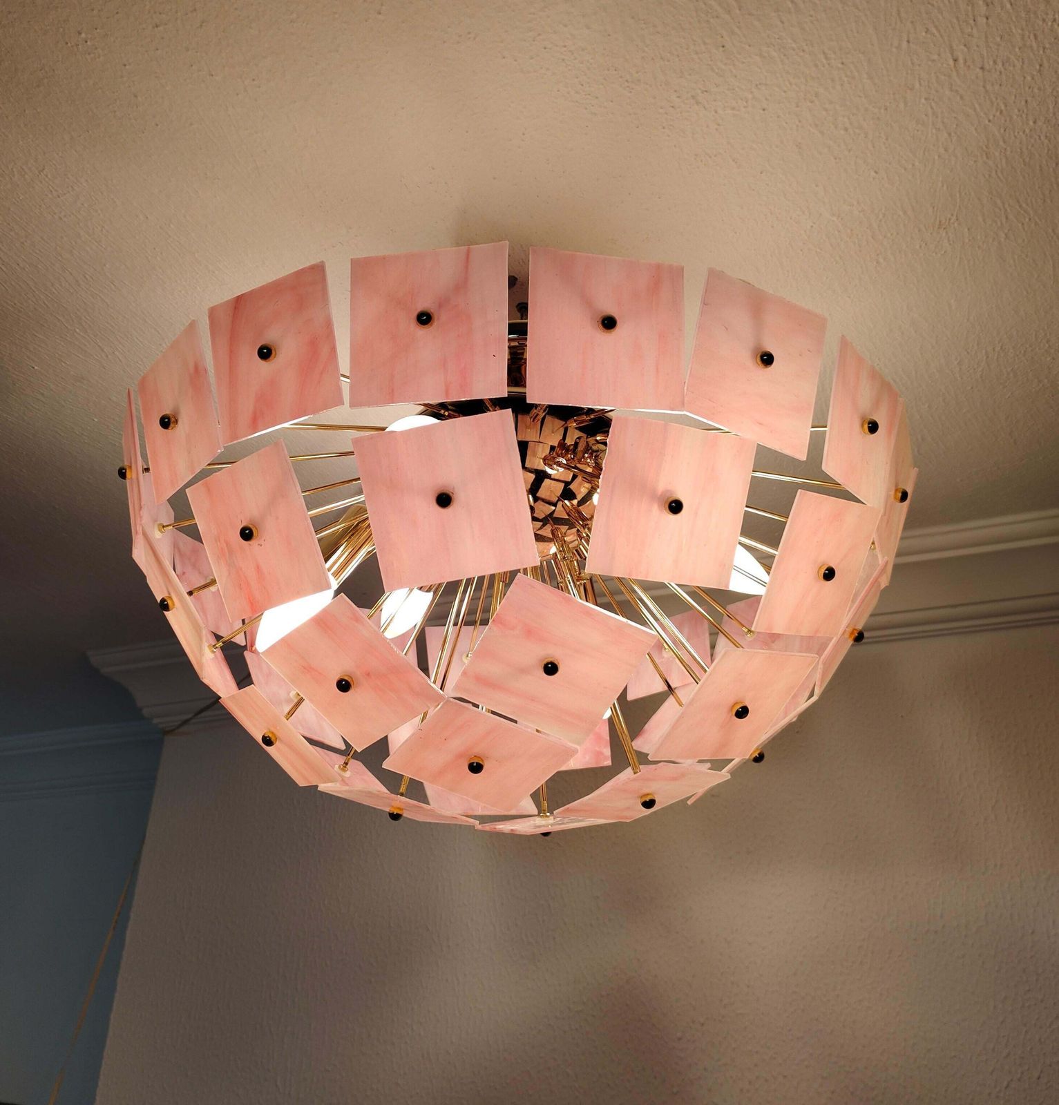 Pink Vitrail Glass Sputnik Flush Mount Chandelier Mid Century Inspired Art Lighting photo vintage