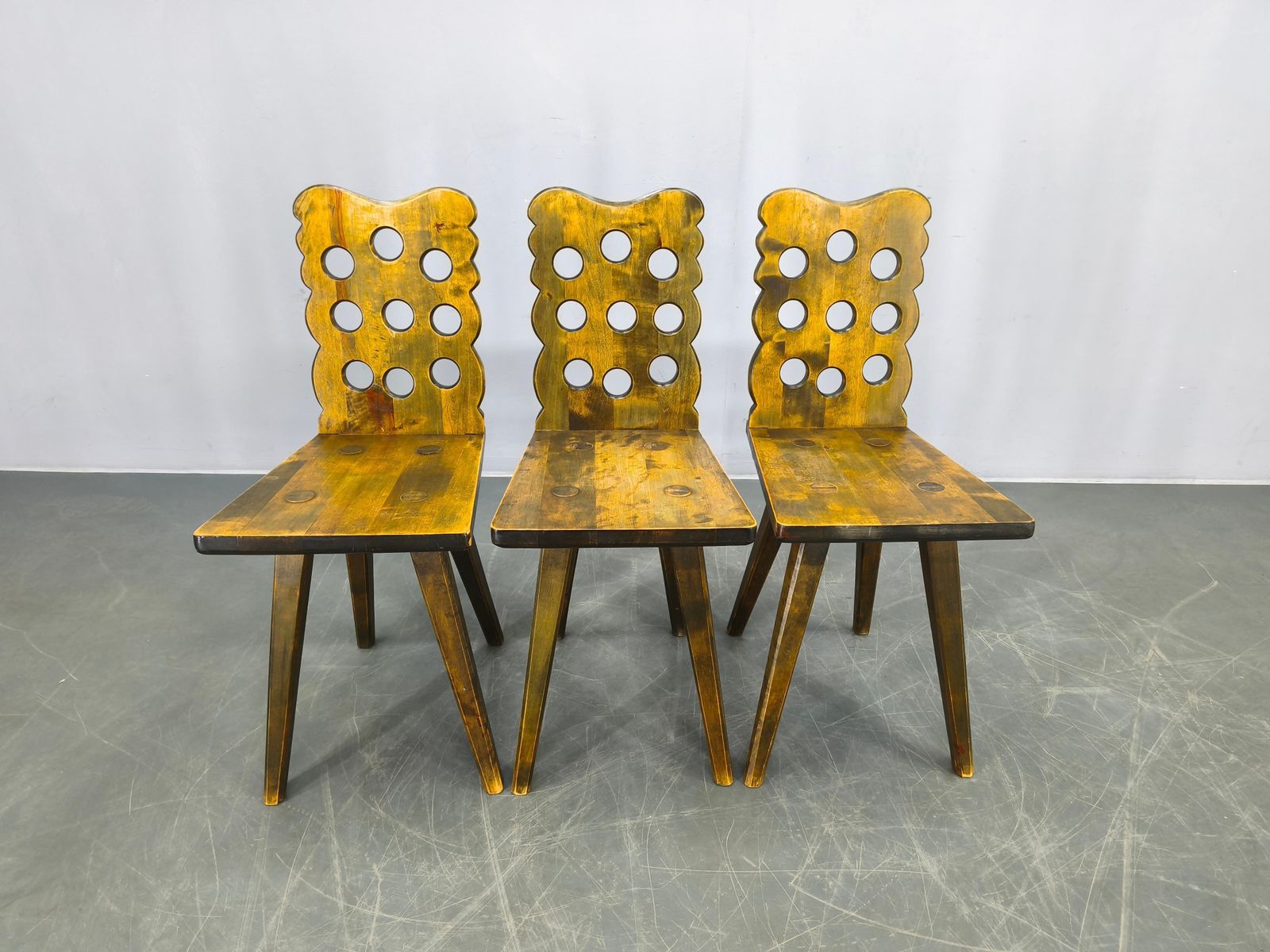 Set Of 3 Brutalist Wooden Chairs, Czechoslovakia, 1950s photo for sale