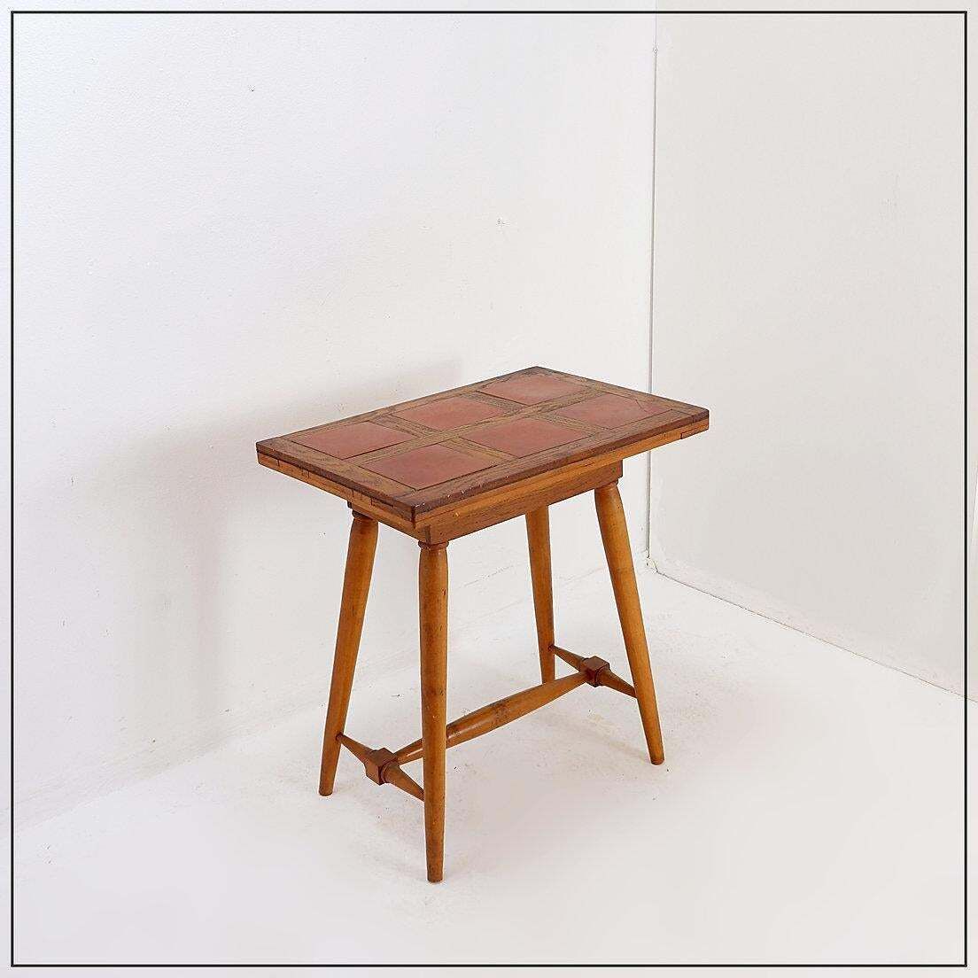 photo for sale Vintage Wooden Side Table With Terracotta Tile Top   1960s