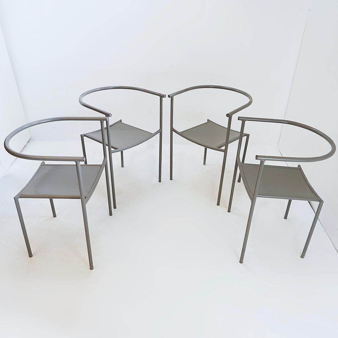 Set Of 4 Gray Metal Chairs In The Style Of Starck's "Von Vogelsans" Model photo for sale