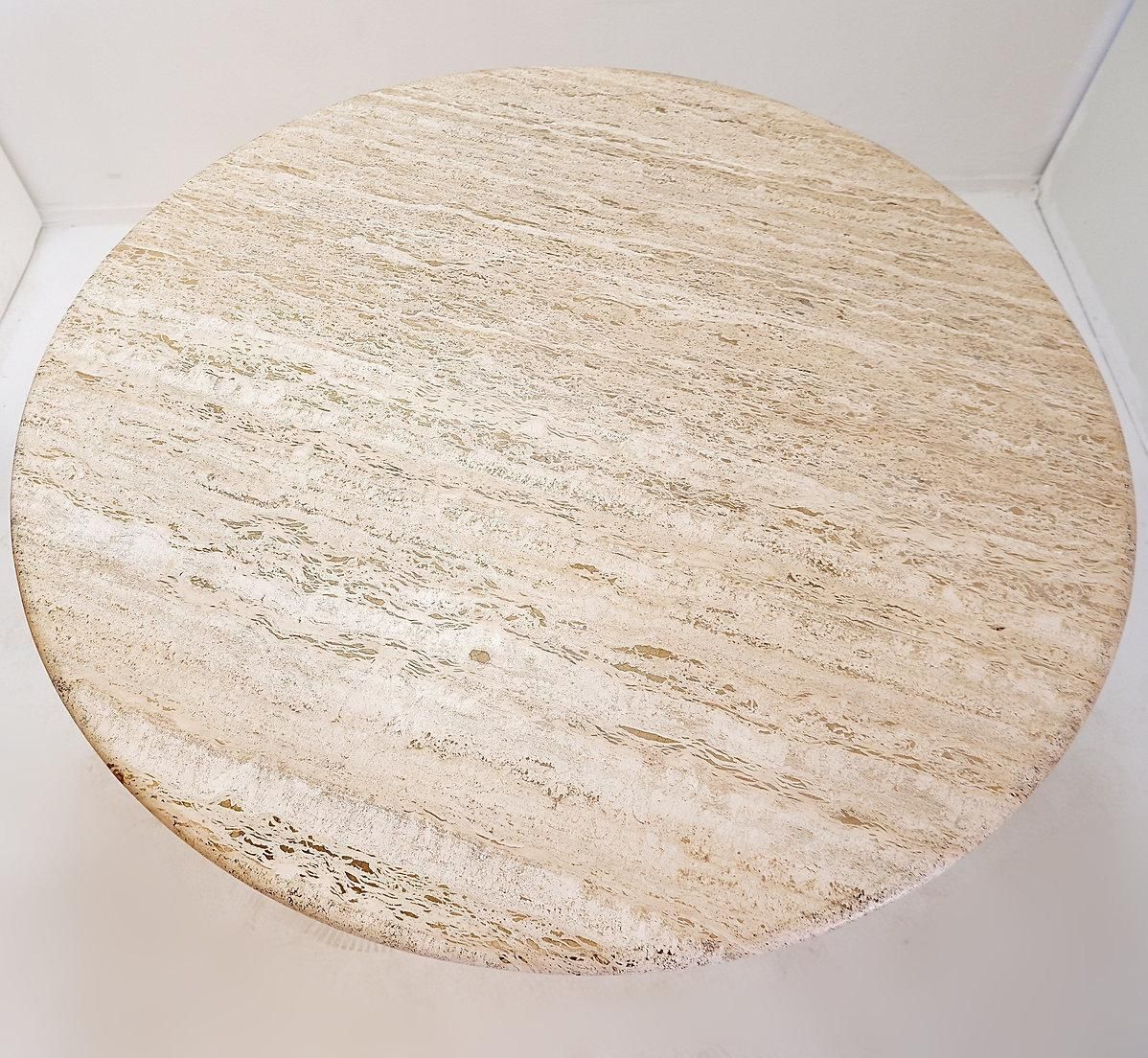 Round Travertine Dining Table With Chrome Base, 1970s   ø120cm photo vinterior