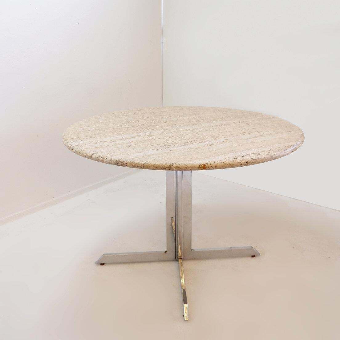 Round Travertine Dining Table With Chrome Base, 1970s   ø120cm photo vintage