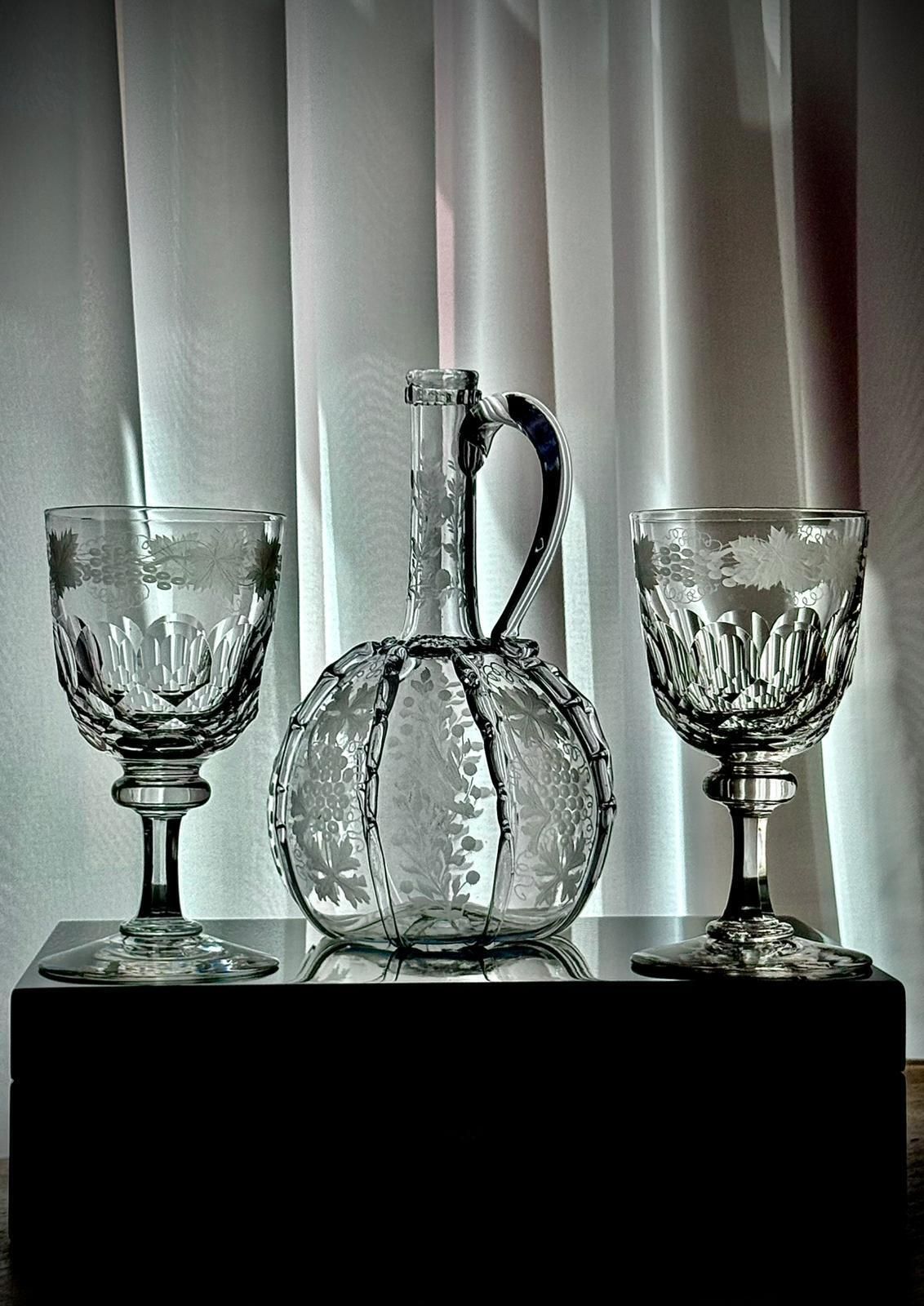 19th Century Engraved Glass Claret Jug With Pair Of Crystal Wine Goblets photo furniture