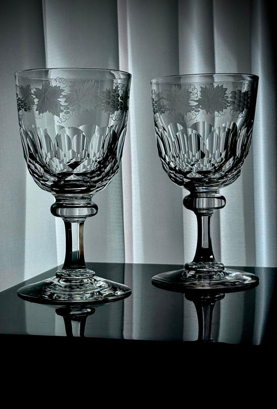 19th Century Engraved Glass Claret Jug With Pair Of Crystal Wine Goblets photo vintage