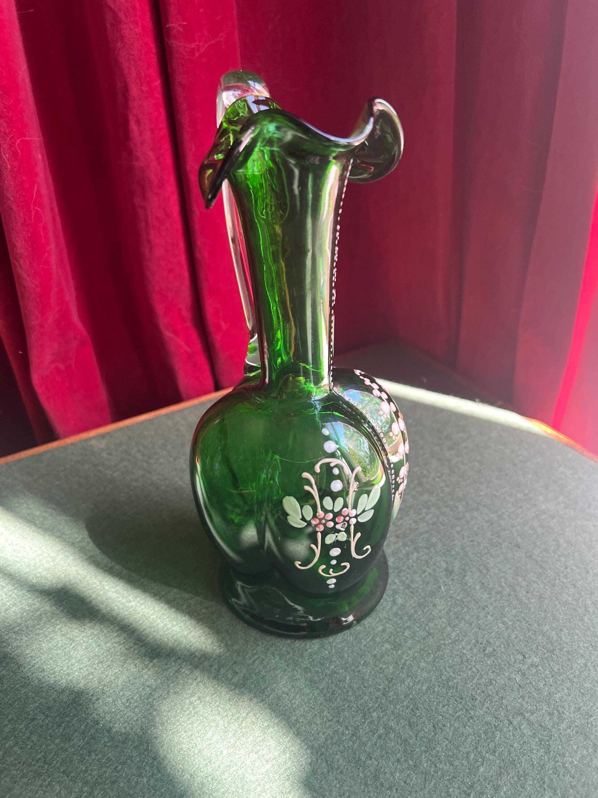 Art Deco Bohemian Green Glass Ewer Jug. Hand Painted Enamel And Gilt Floral Decor. Art Glass Collector Gift. photo Home Decor