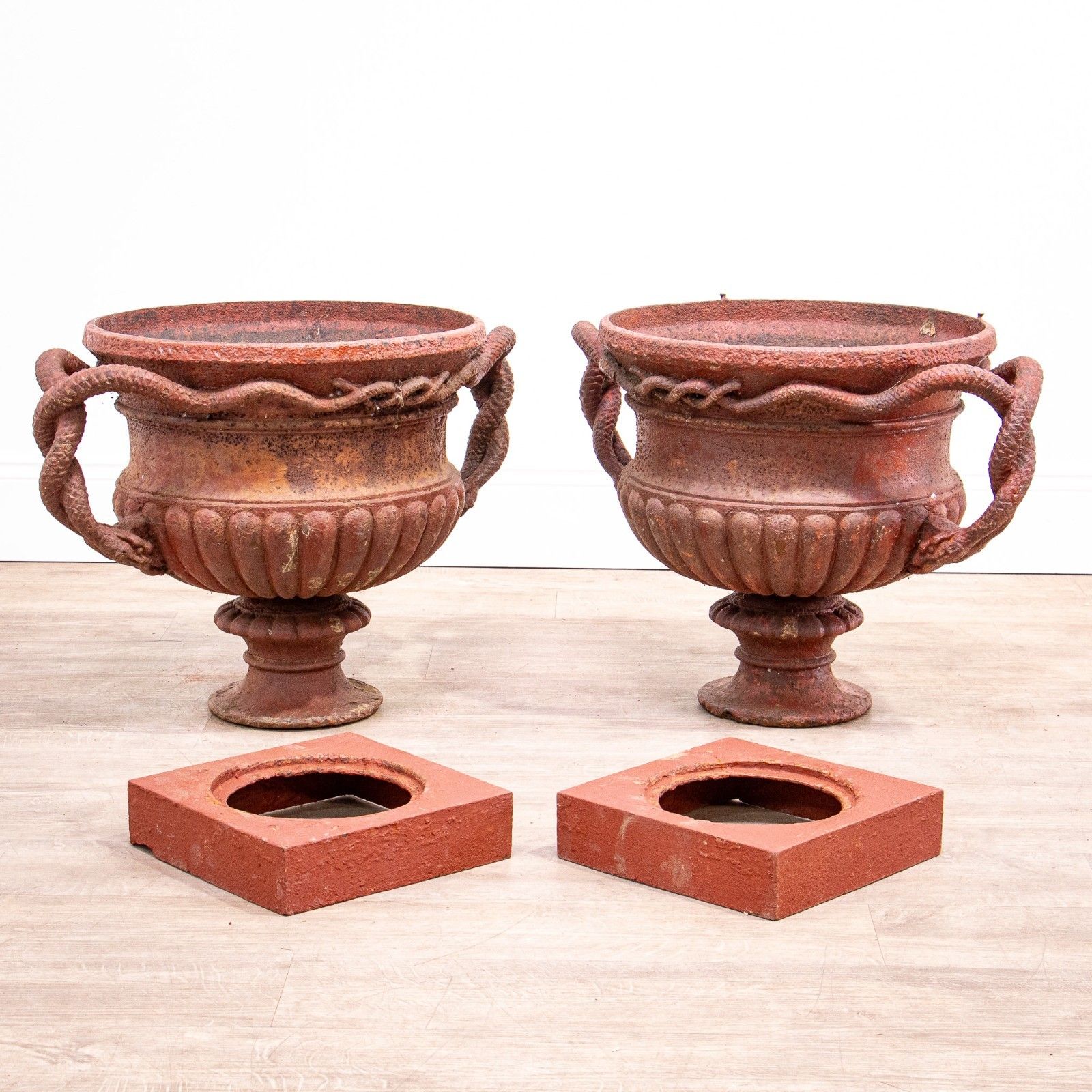 Pair Of Cast Iron French 19th Century Snake Handled Urns photo for sale