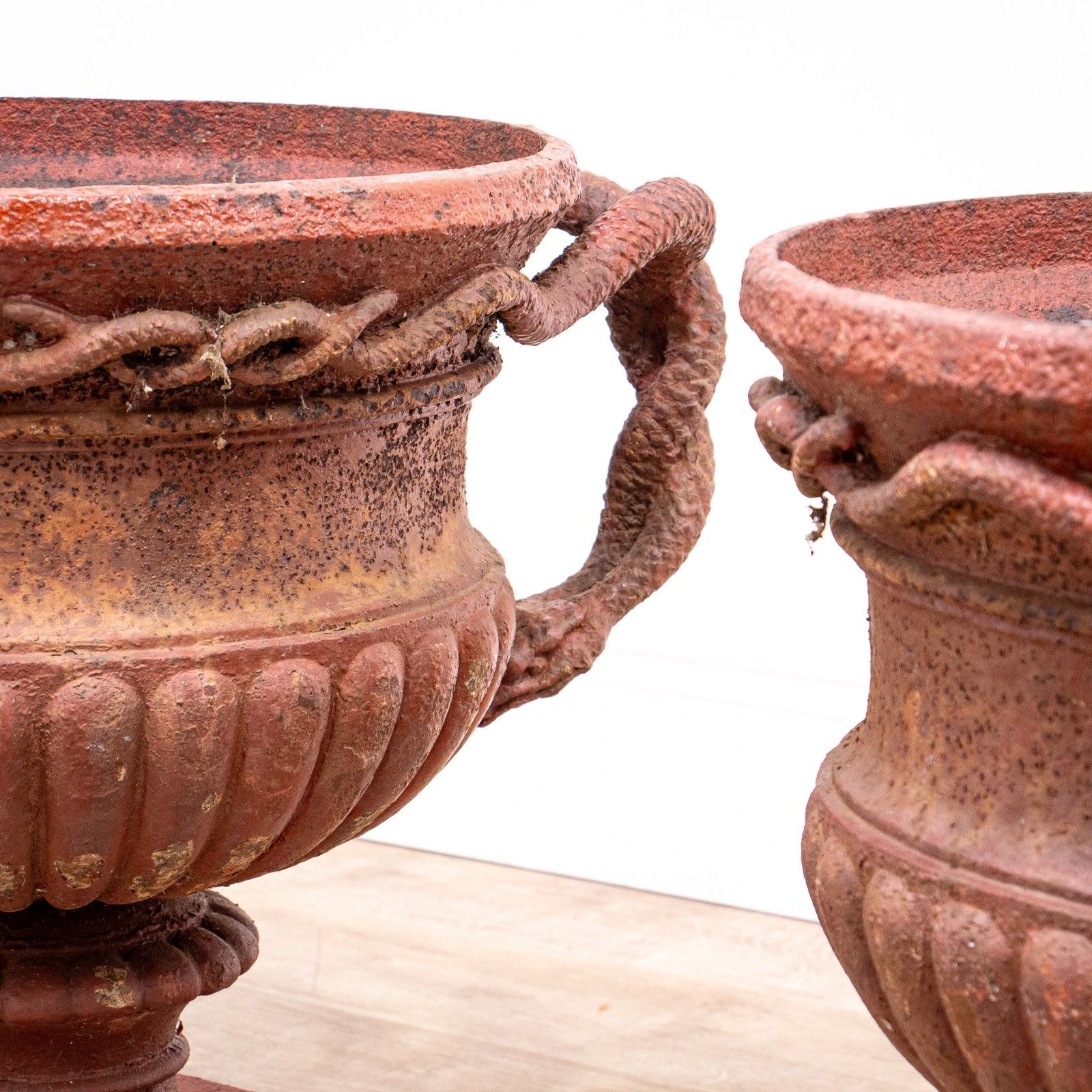 Pair Of Cast Iron French 19th Century Snake Handled Urns photo vintage