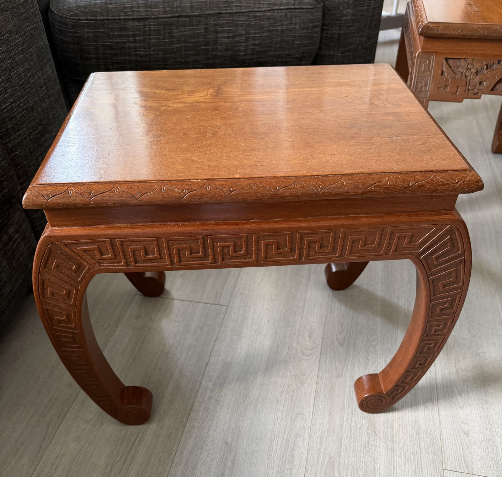 Pair Of Mid Century Hand Carved Chinoiserie Side Tables   Chow Style photo buy