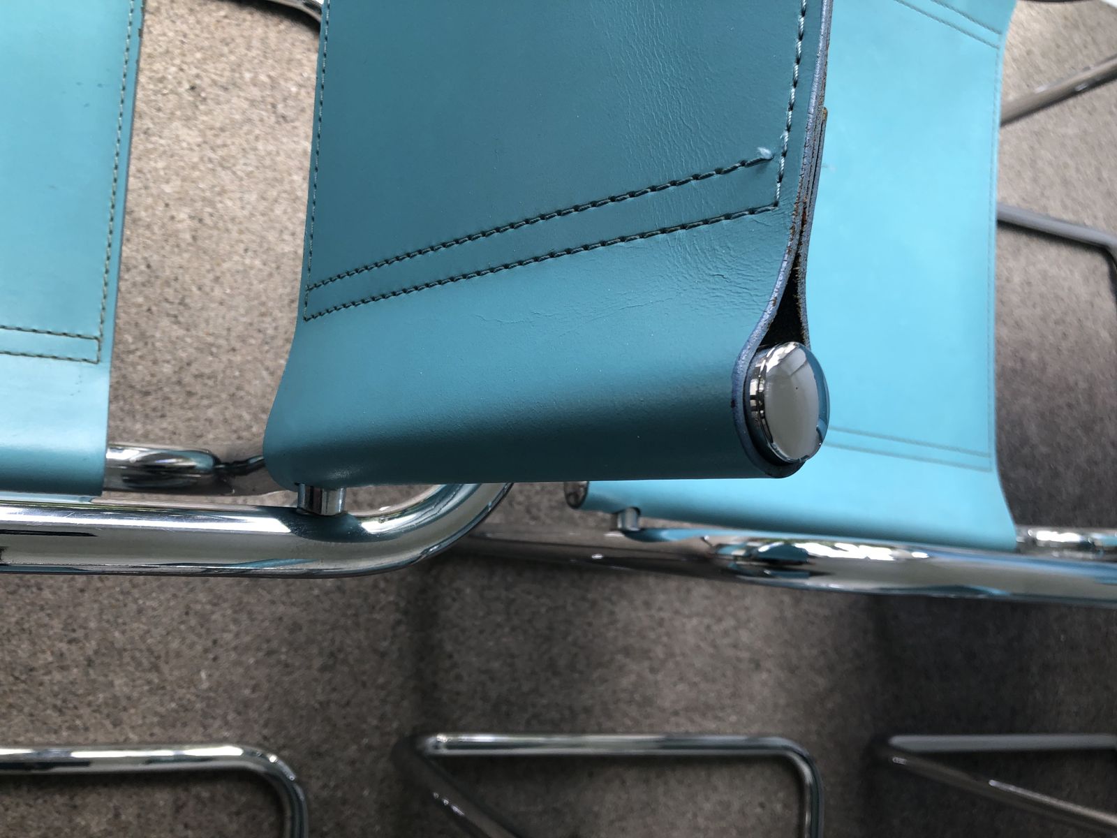 Six Cantilevered Office/Dining Chairs In Turquoise Blue Leather And Chrome photo 450.0
