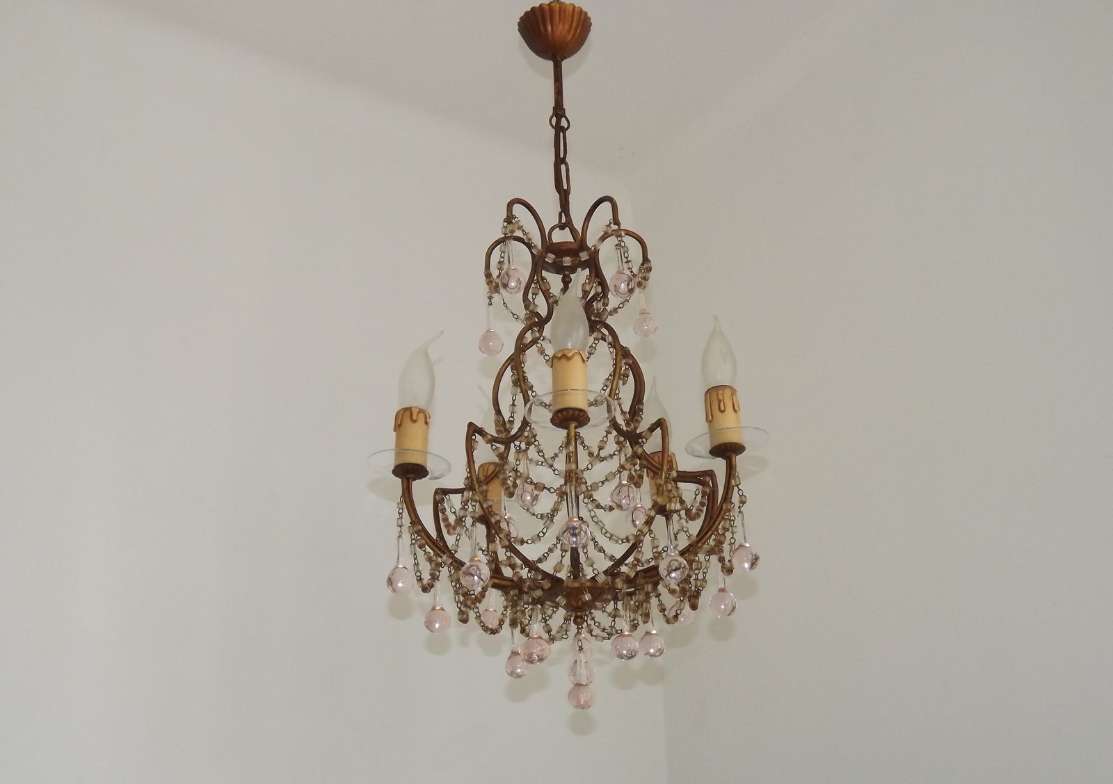 Vintage Italian 5 Arm Gilded Metal Cage Chandelier Seed Bead Swags & Pale Pink Murano Drops photo 425.0