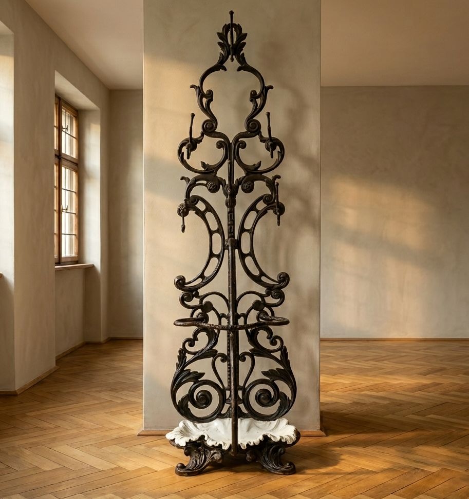 Antique Cast Iron Hall Stand, Victorian Coat Rack With Marble Base, Ornate Hall Tree, 19th Century