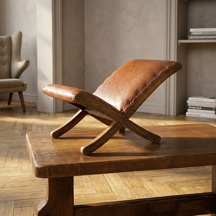 Old Retro Footstool, Mid Century Wooden Leather Stool, Mid 20th Century, European photo for sale