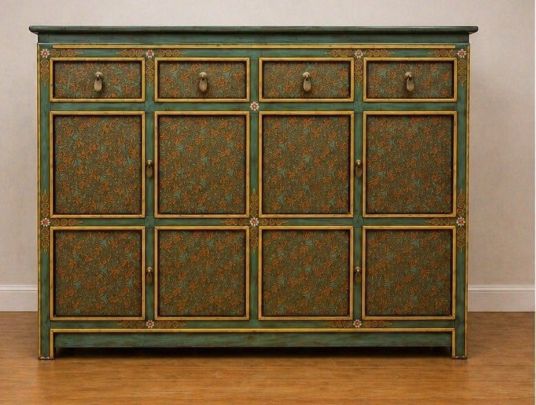 Chinese Green & Gilt Lacquer Cabinet With Hand Painted Panels