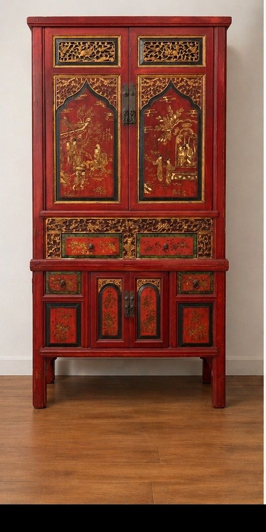 Large Chinese Red Lacquer Wedding Cabinet With Gilt Figural Panels