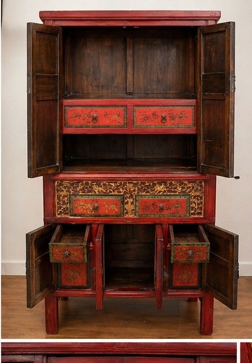 Large Chinese Red Lacquer Wedding Cabinet With Gilt Figural Panels photo furniture