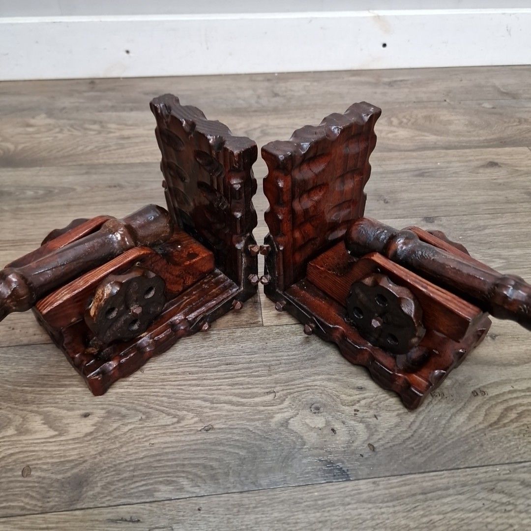 Retro Vintage Pair Bookends Carved Wooden Cannon – Nautical Military Decorative photo 53.0