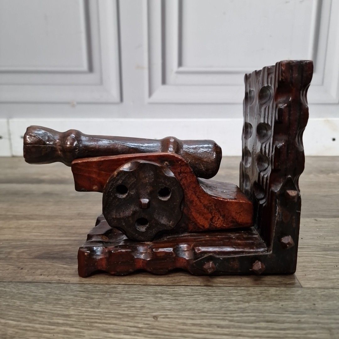 Retro Vintage Pair Bookends Carved Wooden Cannon – Nautical Military Decorative photo vinterior