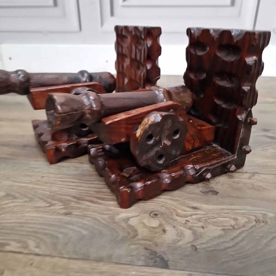 photo buy Retro Vintage Pair Bookends Carved Wooden Cannon – Nautical Military Decorative