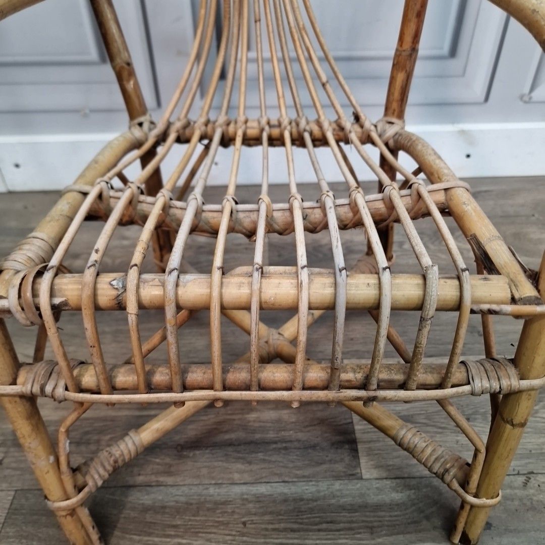 Retro Vintage Childs Chair Small Rattan Mid Century Seat Boho Tiki Bamboo Doll photo vinterior