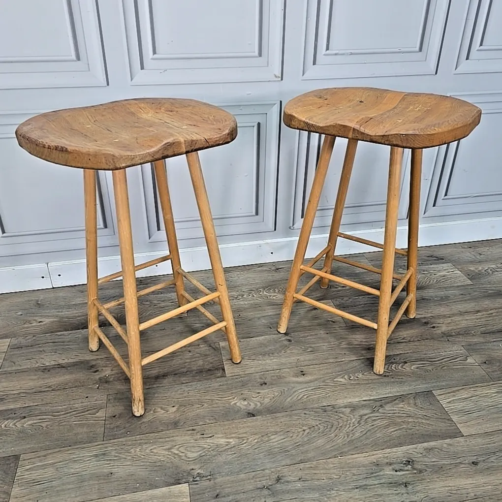 Vintage Rustic Saddle Stools – Pair Of Wooden Bar / Kitchen Seats Solid Elm
