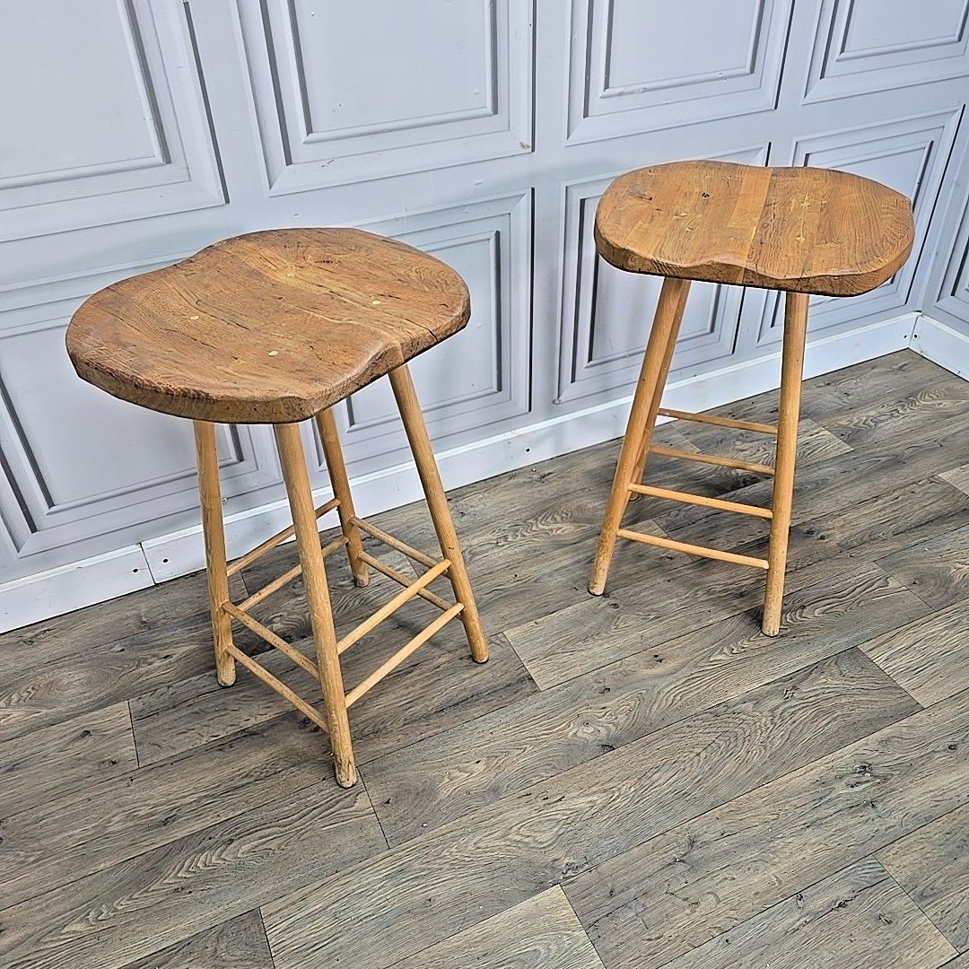 Vintage Rustic Saddle Stools – Pair Of Wooden Bar / Kitchen Seats Solid Elm photo furniture