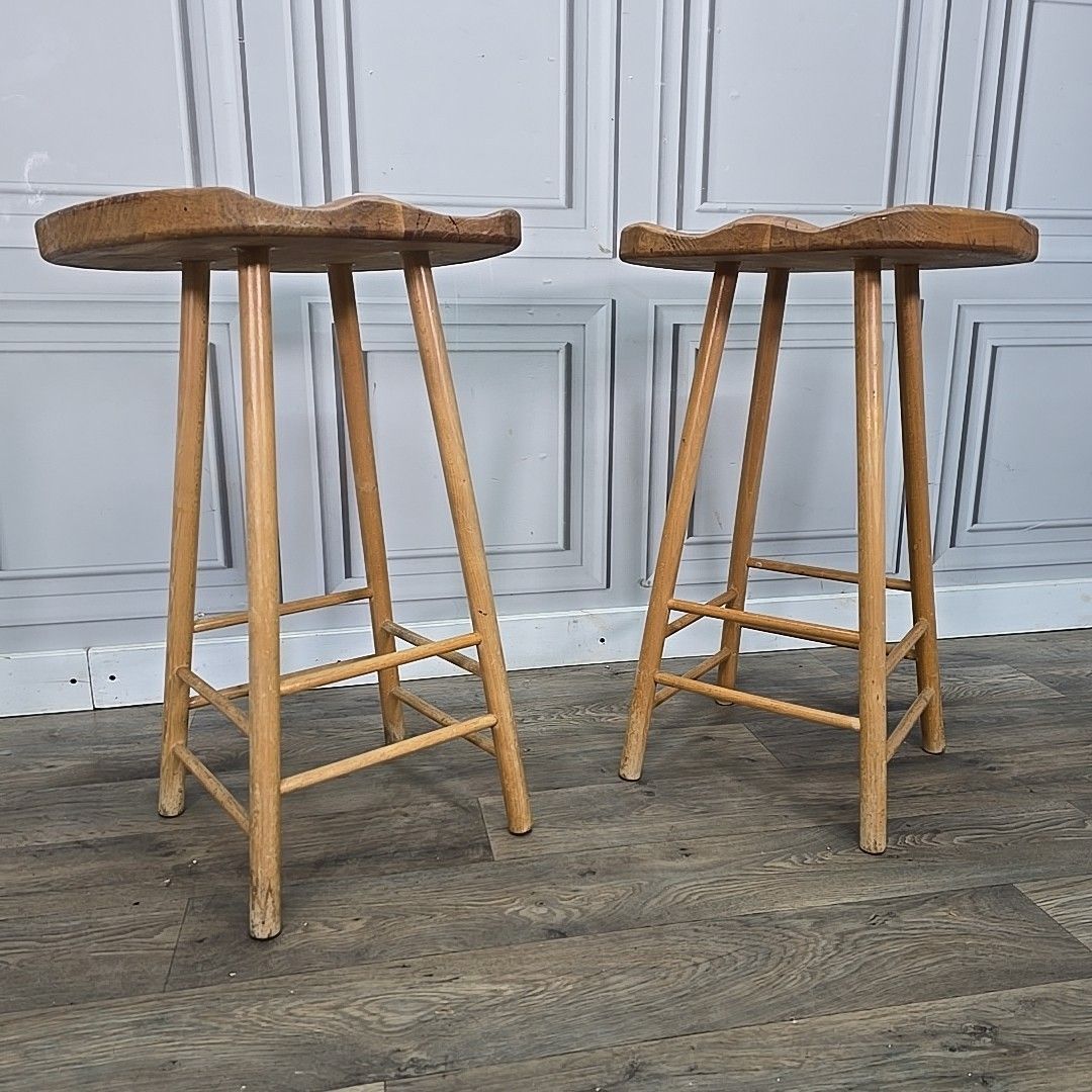 Vintage Rustic Saddle Stools – Pair Of Wooden Bar / Kitchen Seats Solid Elm photo for sale