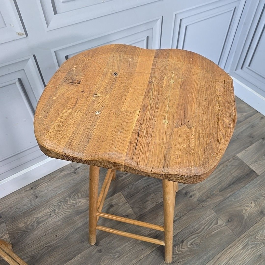 Vintage Rustic Saddle Stools – Pair Of Wooden Bar / Kitchen Seats Solid Elm photo 220.0