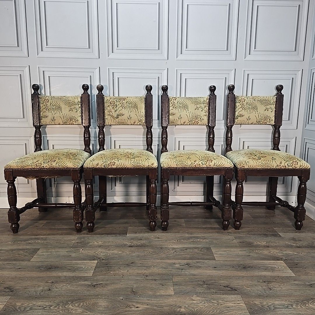 Antique Oak Dining Chairs Set 4 Upholstered Seats Turned Wood Carolean Style photo for sale