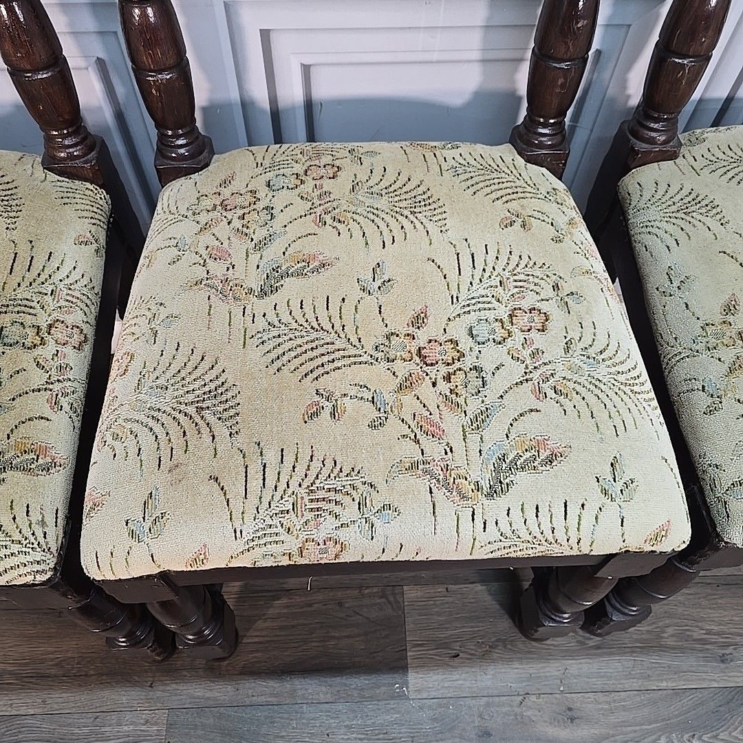 Antique Oak Dining Chairs Set 4 Upholstered Seats Turned Wood Carolean Style photo buy