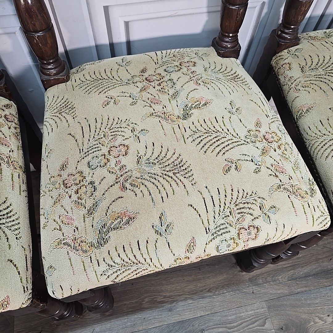 photo furniture Antique Oak Dining Chairs Set 4 Upholstered Seats Turned Wood Carolean Style