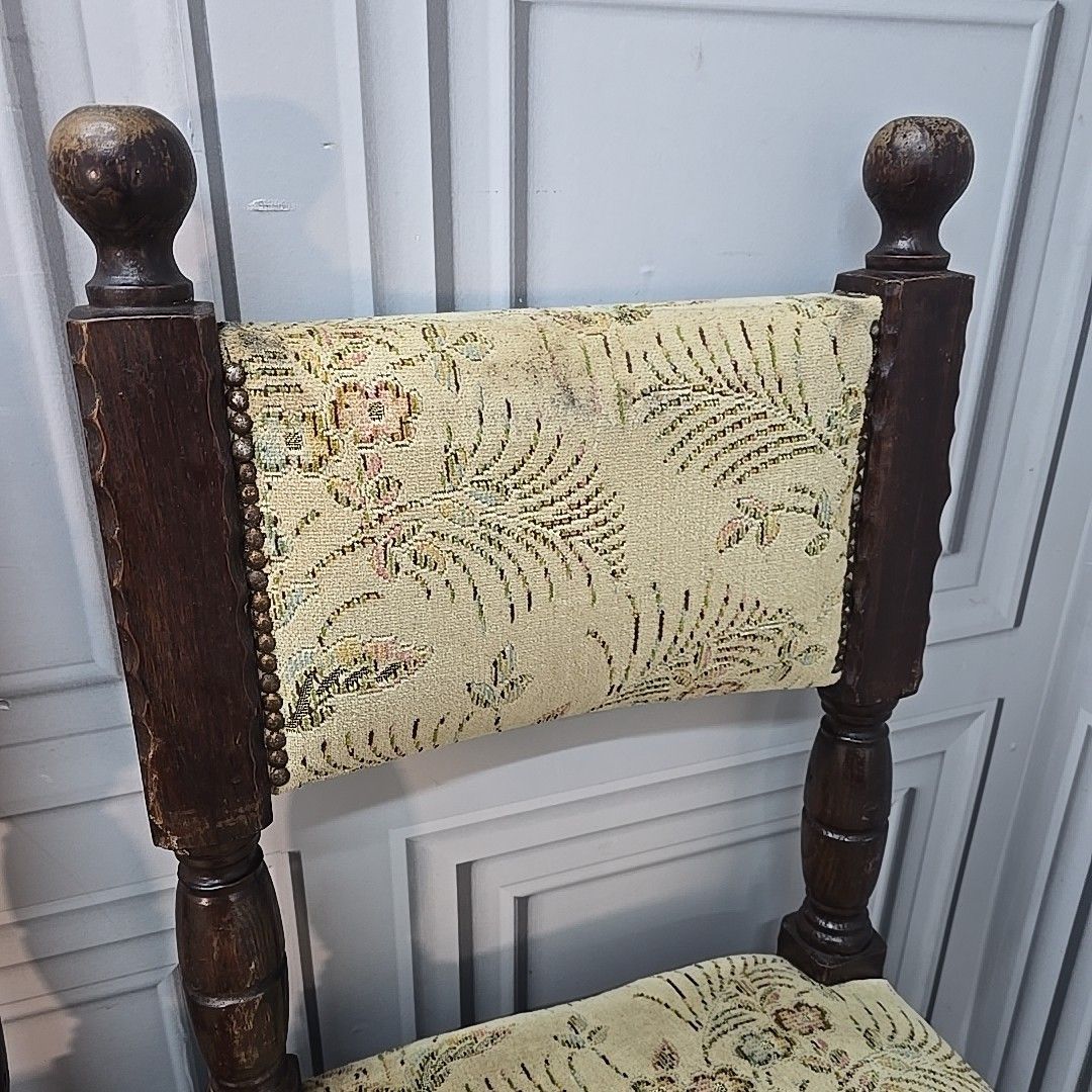 photo for sale Antique Oak Dining Chairs Set 4 Upholstered Seats Turned Wood Carolean Style