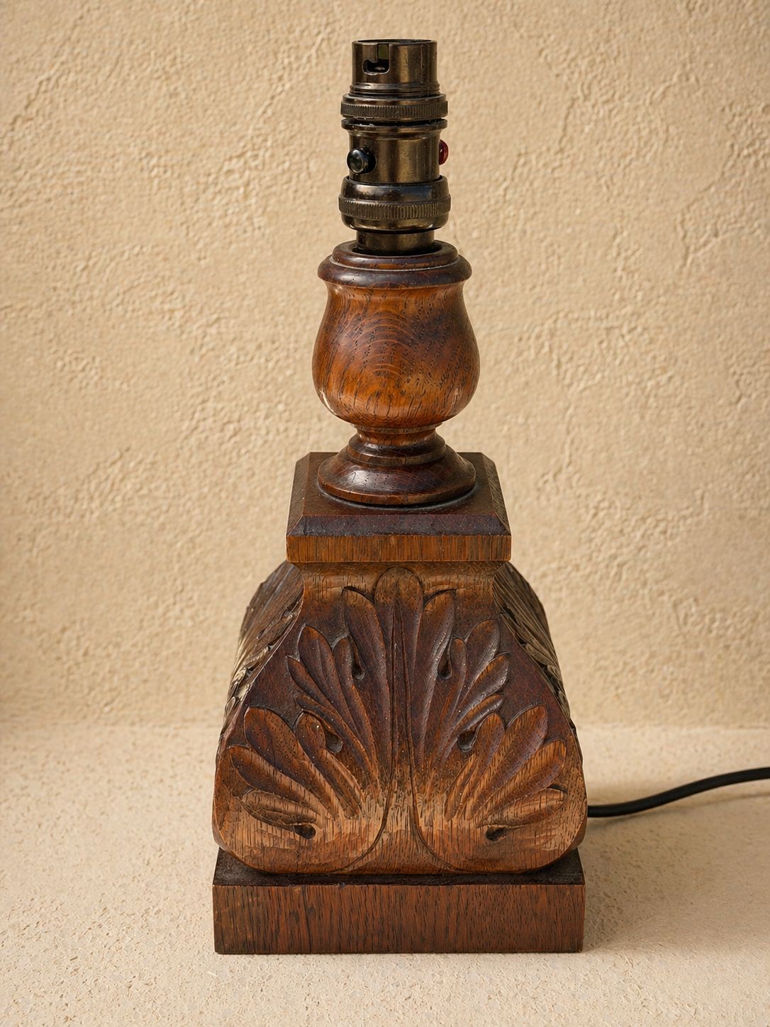 Carved Oak Table Lamp Base With Stylised Leaf Motif – Arts & Crafts Influence.