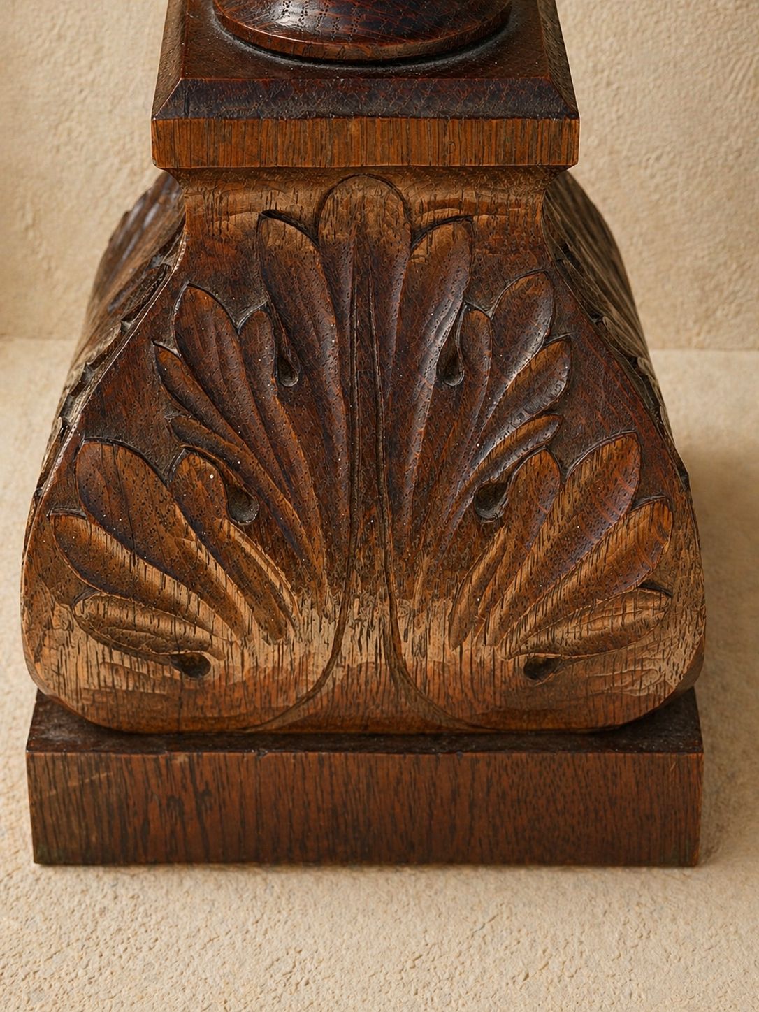 Carved Oak Table Lamp Base With Stylised Leaf Motif – Arts & Crafts Influence. photo for sale
