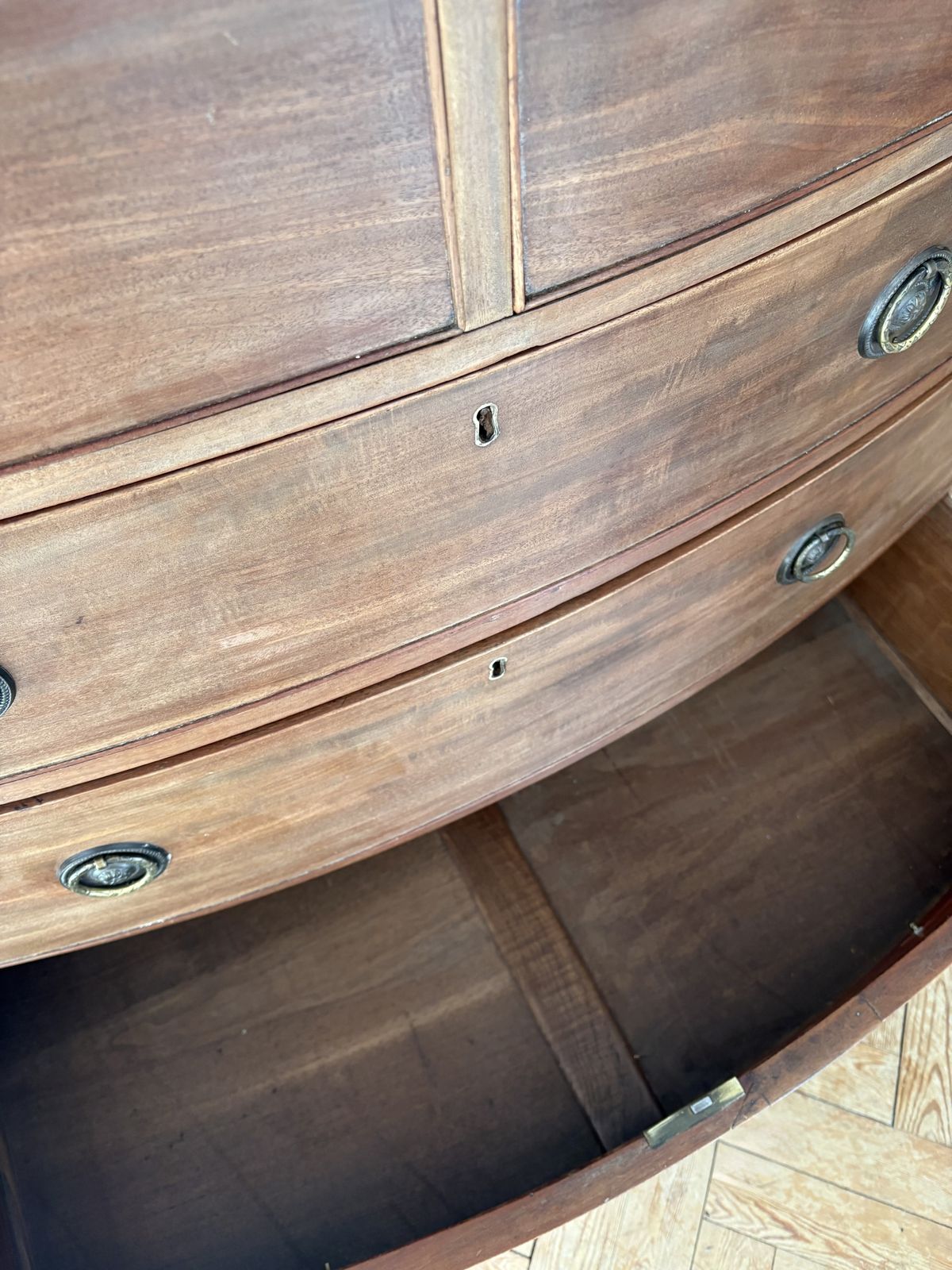 photo buy Antique Mahogany Bow Fronted Chest Of Drawers ( Separated Into Two Parts )