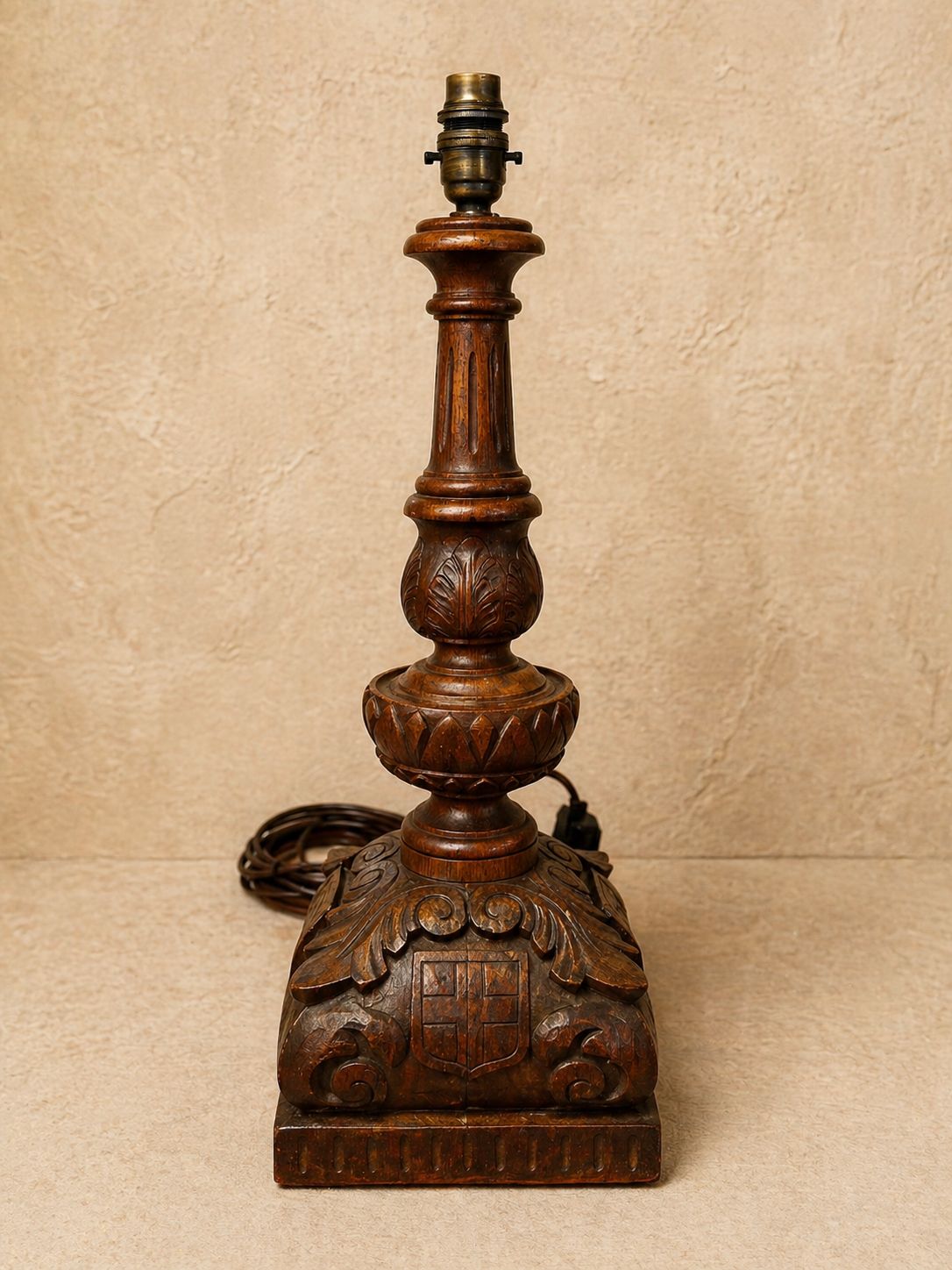 Carved Oak Table Lamp Base With Heraldic Shield – Mid Century / Gothic Revival I