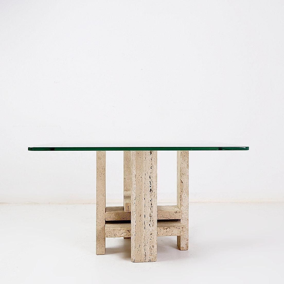 Glass And Travertine Square Coffee Table By Willy Ballez, 1970s (60x60cm) photo furniture