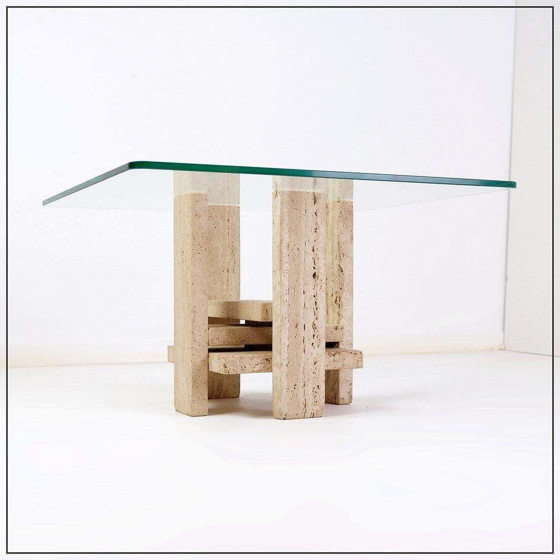 Glass And Travertine Square Coffee Table By Willy Ballez, 1970s (60x60cm) photo vintage