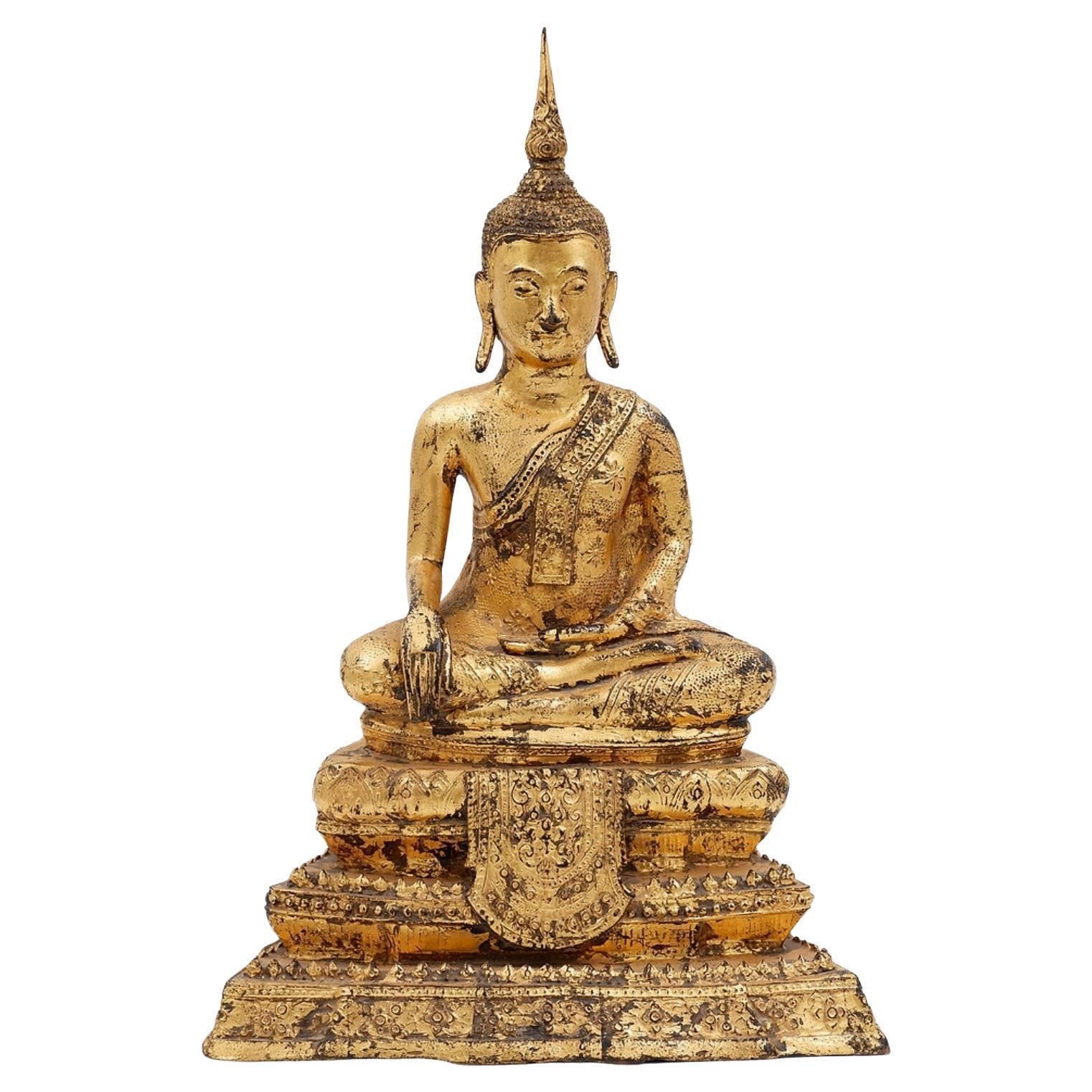 Thai Gilt Bronze Seated Earth Touching Buddha Figure, Late 19th Century