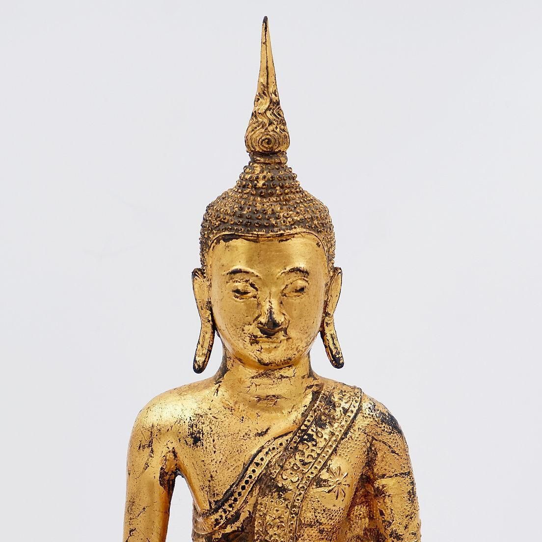 photo for sale Thai Gilt Bronze Seated Earth Touching Buddha Figure, Late 19th Century