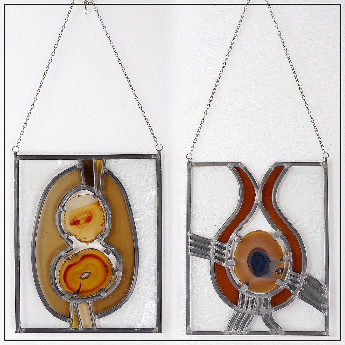 Pair Of Stained Glass Panels With Agate Slices   Circa 1980 photo for sale